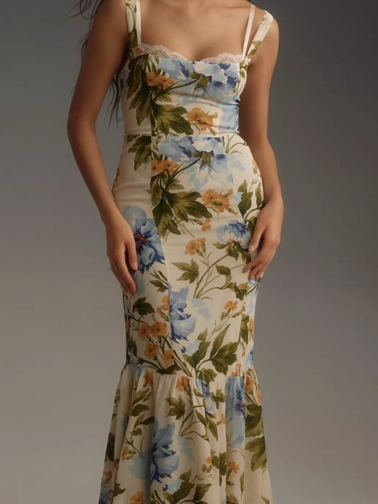 Reformation Dresses & Skirts - Reformation Cream Floral Maxi Dress with Blue & Olive Print